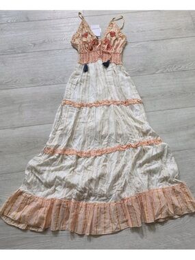 Moda D'Amare Women's S Pink White Gold Striped Smocked Embroidered Maxi Dress